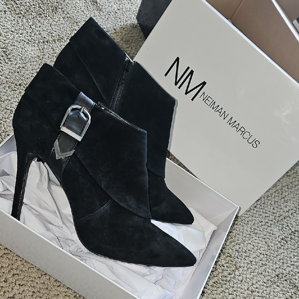 Charles David Black Heeled Boots with Silver Buckle
